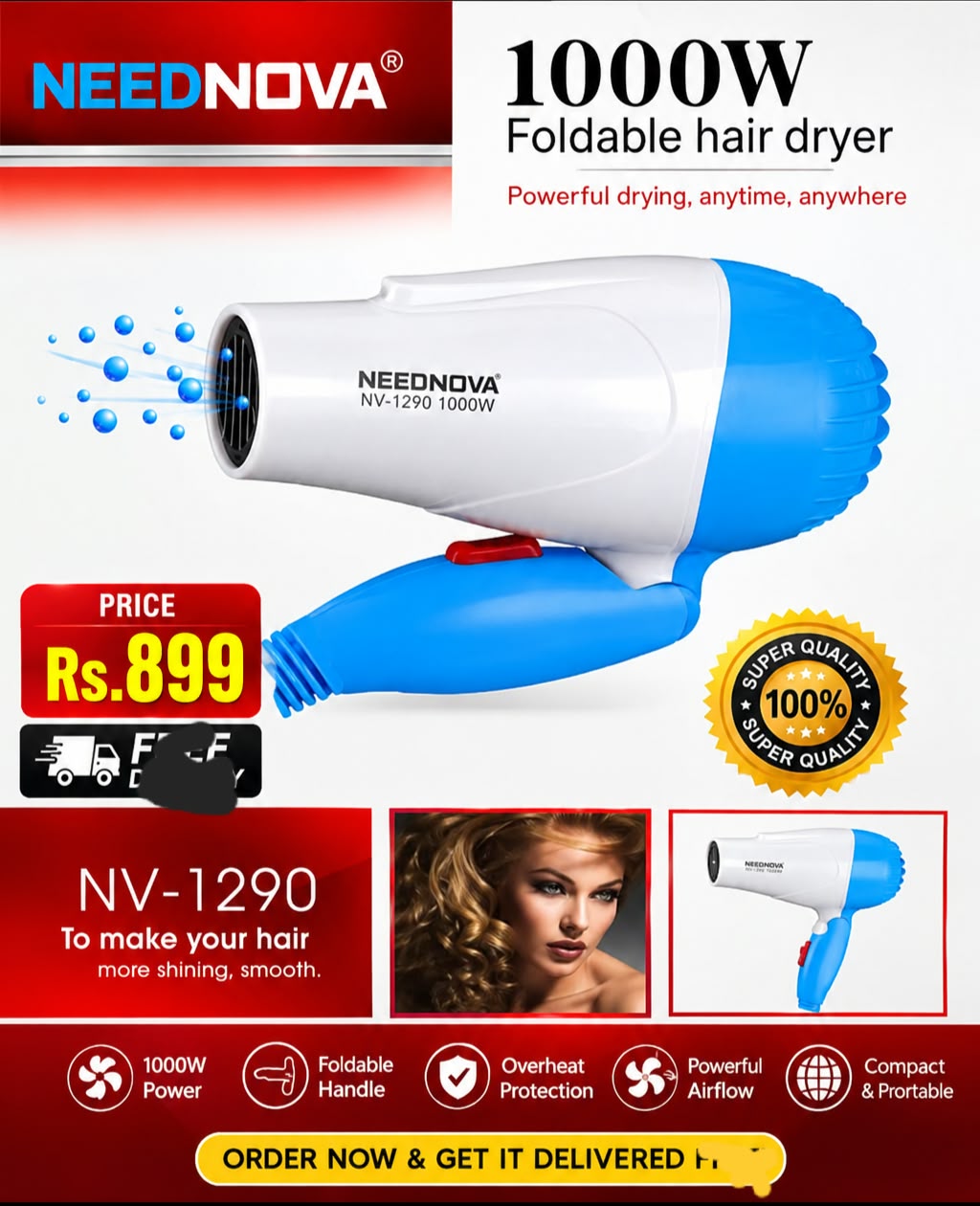 NEEDNOVA 1000W Foldable Hair Dryer